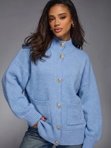 MISSGUIDED Oversized Mock Neck Cardigan Sweater With Gold Lion Buttons And Patch Pockets Cozy Knit Longline Winter Layer - Baby Blue - View 4