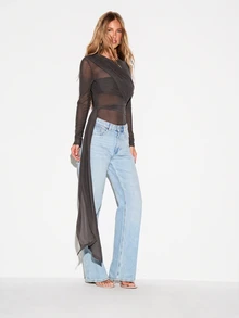 KIZN Sheer Mesh Long Sleeve Wrap Top With Draped Tie Detail And Ruched Waist Night Out Party Top - Dark Grey - View 5