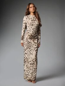 MISSGUIDED Leopard Print Dress Long Sleeve Open Back Bodycon Fitted Crew Neck Floor Length Animal Print Evening Gown Fall Winter - Multicolor - View 1