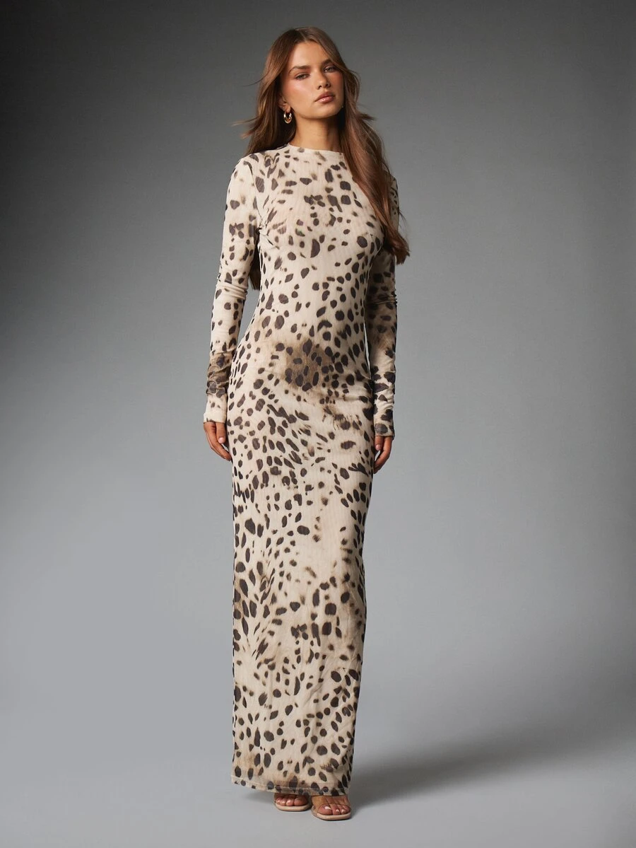 MISSGUIDED Leopard Print Dress Long Sleeve Open Back Bodycon Fitted Crew Neck Floor Length Animal Print Evening Gown Fall Winter - Multicolor - View 1