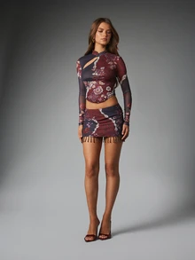 MISSGUIDED Floral Mesh Long Sleeve Crop Top With Cut-Out Detail And High Neck For Festival Party Night Out - Red and Black - View 3