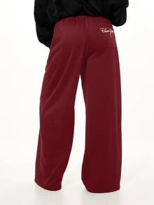 SUMWON WOMEN Wide Leg Sweatpants With Oversized Cursive Script Print And Heart Motif, Elastic Waist, Side Pockets, Relaxed Fit Lounge Pants - Burgundy - View 2