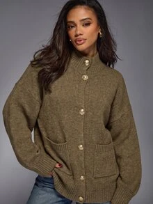 MISSGUIDED Oversized Mock Neck Cardigan With Gold Button Front Closure And Patch Pockets Cozy Knit Sweater For Fall Winter - Khaki - View 4