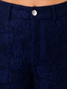 Zerodot Women Navy Blue Floral Lace High Waist Sheer Straight Fit Pants Going Out Spring Fall Pre Fall - Royal Blue - View 5