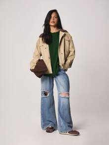 MISSGUIDED Oversized Long Sleeve Henley Top With Button Placket Relaxed Fit Drop Shoulder Casual Pullover T-Shirt Fall Winter Essential - Green - View 3