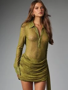 MISSGUIDED Đầm mini lưới xuyên thấu họa tiết da cá sấu có cổ, chân váy nhún, tay dài, chi tiết cúc và dây buộc bên hông đuôi dài - Nhiều màu - Xem 1
