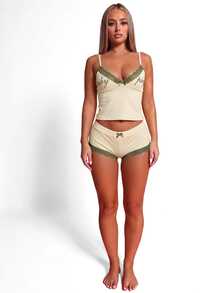 BABYPHAT Set Piyama Tidur Berbahan Cami dan Celana Pendek dengan Detail Pita dan Tulisan Merek, Model Terpadu dengan Hiasan Renda dan Logo. - Aprikot - View 5
