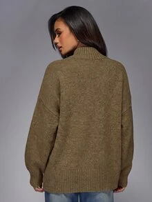 MISSGUIDED Oversized Mock Neck Cardigan With Gold Button Front Closure And Patch Pockets Cozy Knit Sweater For Fall Winter - Khaki - View 2