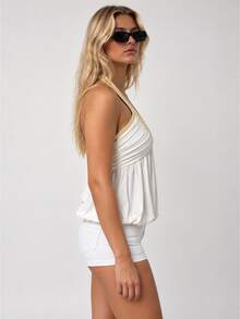 Zerodot Women White Ruched With Contrast Gold Trim & Gathered Hem Babydoll Tank Top Casual Daily Summer - White - View 3