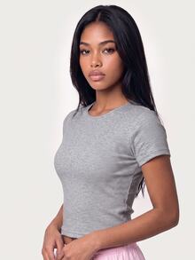 MISSGUIDED TEEN Rhinestone Angel Wings Back Print Ribbed Crop T-Shirt With Script Chest Detail Round Neck Short Sleeve Summer Festival Top - Dark Grey - View 4