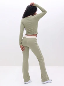BABYPHAT Women's Casual Striped Colorblock Drawstring Waist Leggings - Army Green - View 6