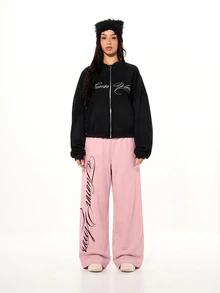 SUMWON WOMEN Oversized Wide Leg Sweatpants With Cursive Script Graffiti Print And Elastic Waist Relaxed Fit Lounge Trousers For Spring - Baby Pink - View 5