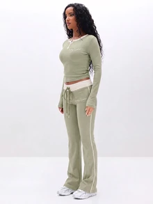 BABYPHAT Women's Casual Striped Colorblock Drawstring Waist Leggings - Army Green - View 3
