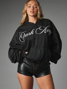 Missguided x Playboy Dark Angel Oversized Full-Zip Crop Sweatshirt With Script Front Print And Bunny Logo Back Graphic Halloween - Black - View 1