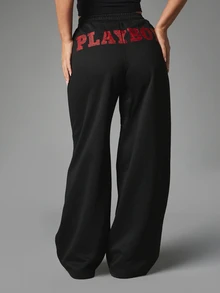 Missguided x Playboy Wide Leg Sweatpants With Zebra Print Logo On Back Waistband And Bunny Graphic On Thigh Halloween - Black - View 1