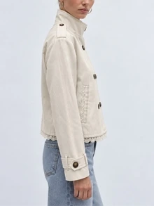 Zerodot Women Ivory Double-Breasted Lace Trim Hem Cropped Trench Jacket Office Casual Fall Winter Pre Fall - Apricot - View 3