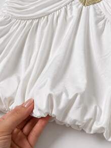 Zerodot Women White Ruched With Contrast Gold Trim & Gathered Hem Babydoll Tank Top Casual Daily Summer - White - View 7