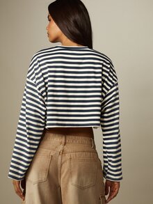 MISSGUIDED Striped Crop Long Sleeve Top Oversized Boxy Fit Crew Neck Midriff Bare Spring Summer Casual Everyday Top - Blue and White - View 2