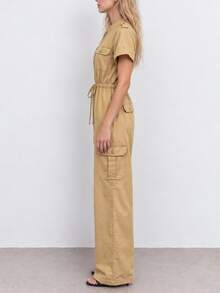 Zerodot Women Khaki Short Sleeve With Drawstring Waist Wide Leg Cargo Jumpsuit Formal Office Spring Fall - Mustard Yellow - View 3