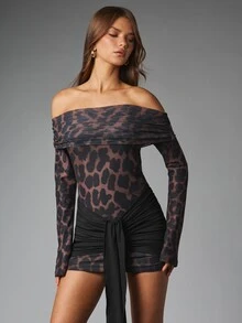 MISSGUIDED Leopard Print Mesh Off-Shoulder Mini Dress Long Sleeve Bodycon Sheer See-Through Party Night Out Festival - Multicolor - View 4