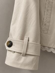 Zerodot Women Ivory Double-Breasted Lace Trim Hem Cropped Trench Jacket Office Casual Fall Winter Pre Fall - Apricot - View 6