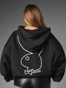 Missguided x Playboy Dark Angel Oversized Full-Zip Crop Sweatshirt With Script Front Print And Bunny Logo Back Graphic Halloween - Black - View 2