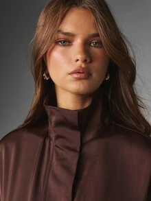 MISSGUIDED Satin Romper With Lace Trim Hem Cap Sleeve Collared Neck Drawstring Waist One-Piece Short Jumpsuit Fall Winter - Brown - View 4