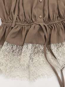 Zerodot Women Brown Taupe Cottagecore Lace Trim With Ruffle Hem Blouse Office Casual Spring Fall Pre Fall - Coffee Brown - View 7