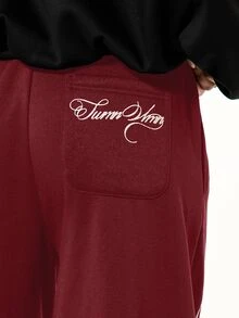 SUMWON WOMEN Wide Leg Sweatpants With Oversized Cursive Script Print And Heart Motif, Elastic Waist, Side Pockets, Relaxed Fit Lounge Pants - Burgundy - View 4