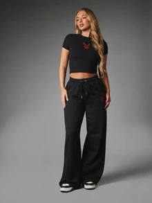 Missguided x Playboy Wide Leg Sweatpants With Zebra Print Logo On Back Waistband And Bunny Graphic On Thigh Halloween - Black - View 3