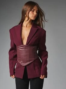 MISSGUIDED Blazer Berstruktur dengan Sabuk Korset Kulit Imitasi, Garis Leher V Dalam, Kerah Berlekuk, Siluet Pas Badan, Pakaian Malam Musim Gugur/Musim Dingin - Red Violet - View 5