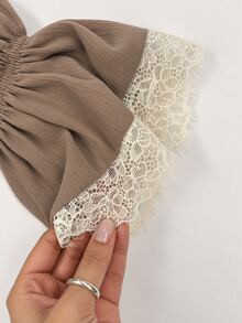 Zerodot Women Brown Taupe Cottagecore Lace Trim With Ruffle Hem Blouse Office Casual Spring Fall Pre Fall - Coffee Brown - View 8