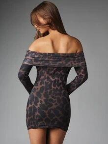 MISSGUIDED Leopard Print Mesh Off-Shoulder Mini Dress Long Sleeve Bodycon Sheer See-Through Party Night Out Festival - Multicolor - View 2