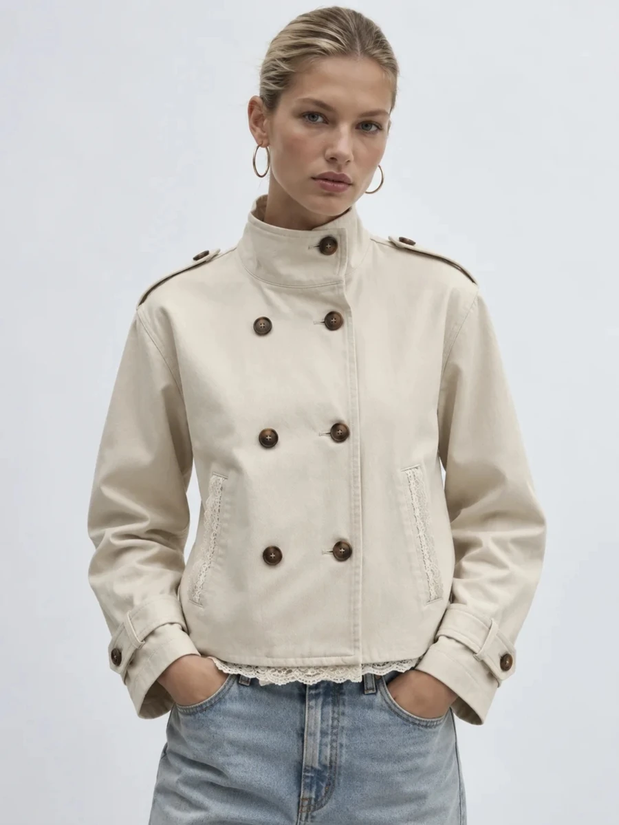 Zerodot Women Ivory Double-Breasted Lace Trim Hem Cropped Trench Jacket Office Casual Fall Winter Pre Fall - Apricot - View 1