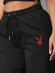 Missguided x Playboy Wide Leg Sweatpants With Zebra Print Logo On Back Waistband And Bunny Graphic On Thigh Halloween - Black - View 4