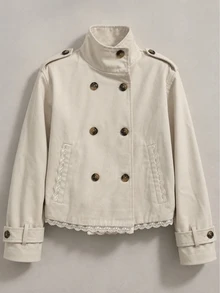 Zerodot Women Ivory Double-Breasted Lace Trim Hem Cropped Trench Jacket Office Casual Fall Winter Pre Fall - Apricot - View 4