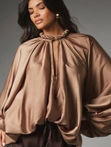 MISSGUIDED Satin Batwing Blouse With Braided High Neck And Tie Waist Detail Oversized Flowing Silhouette Evening Party Top - Khaki - View 4