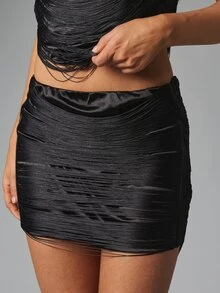 MISSGUIDED Ruched Satin Mini Skirt With Fringe Hem Detail Bodycon Fit Low Rise Party Night Out Festival Summer Style - Black - View 2