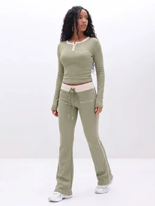 BABYPHAT Women's Casual Striped Colorblock Drawstring Waist Leggings - Army Green - View 2