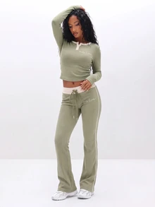 BABYPHAT Women's Casual Striped Colorblock Drawstring Waist Leggings - Army Green - View 1