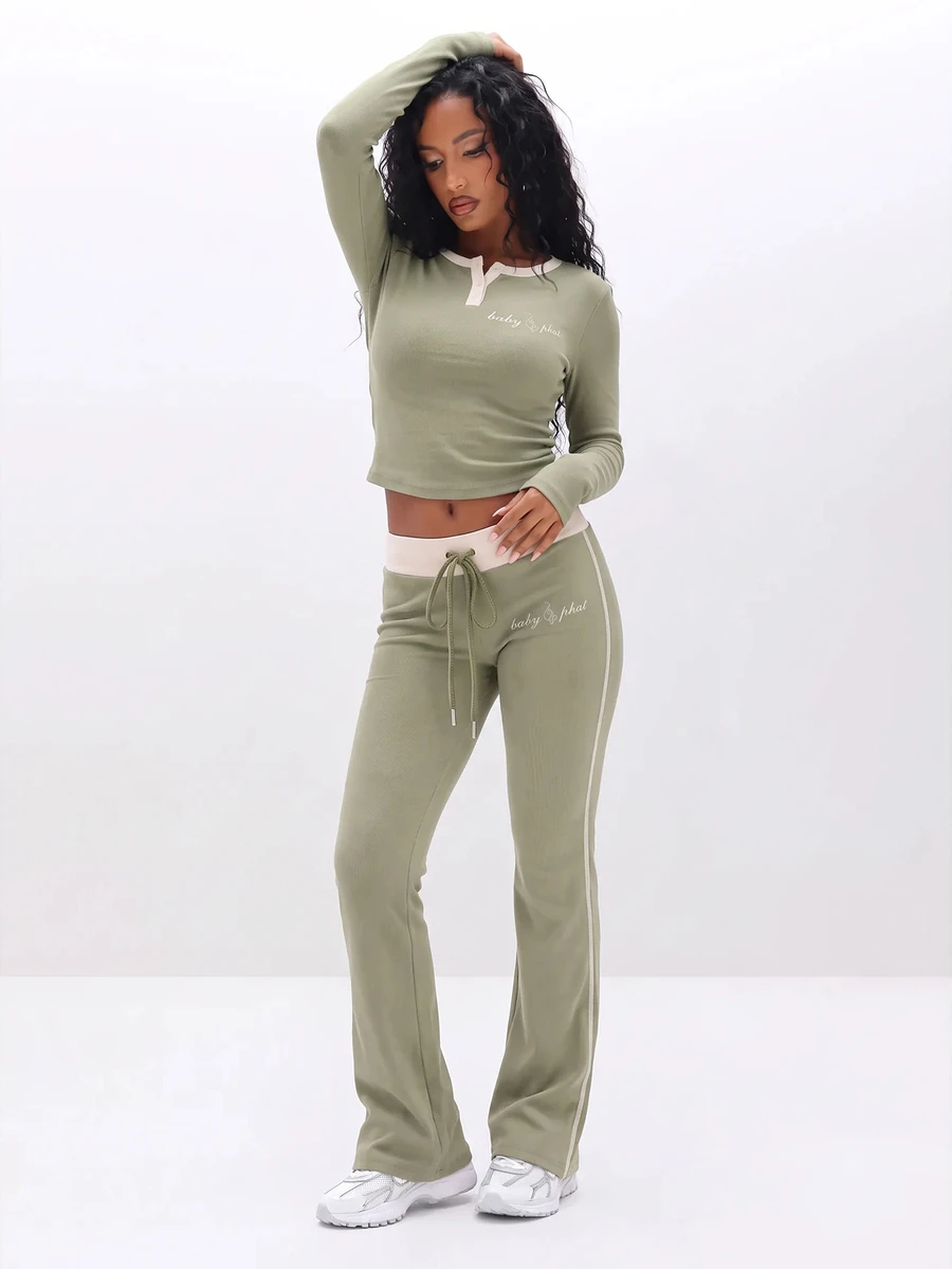 BABYPHAT Women's Casual Striped Colorblock Drawstring Waist Leggings - Army Green - View 1