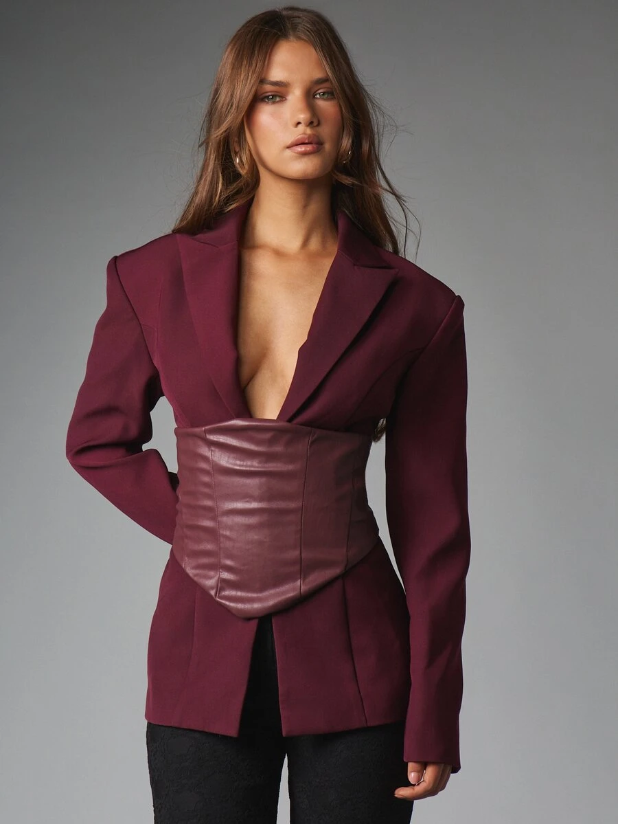 MISSGUIDED Blazer Berstruktur dengan Sabuk Korset Kulit Imitasi, Garis Leher V Dalam, Kerah Berlekuk, Siluet Pas Badan, Pakaian Malam Musim Gugur/Musim Dingin - Red Violet - View 1