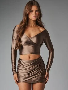 MISSGUIDED Satin Ruched Wrap Mini Skirt With Crossover Draped Hem Detail Party Night Out Holiday Summer Festival - Coffee Brown - View 1