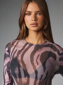 MISSGUIDED Long Sleeve Mesh Bodysuit With Tiger Print All Over Crew Neck Skin Tight Semi Sheer Party Festival Summer Style - Multicolor - View 5