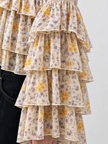 Zerodot Women Floral Print Tiered Bell Sleeve With Tie Back Detail Ruffle Blouse Office Casual Spring Fall Pre Fall - Khaki - View 4