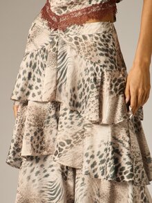 AiiRZ Tiered Ruffle Wide Leg Pants Mixed Animal Print Satin Flared Full Length Lace Trim Waist Party Festival Summer Holiday - Multicolor - View 4