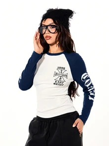 SUMWON WOMEN Raglan Long Sleeve Crop Top With Graphic Cross Print, New York City East Coast 1996 Sleeve Script, Ribbed Fitted Baseball Tee - Navy Blue - View 5