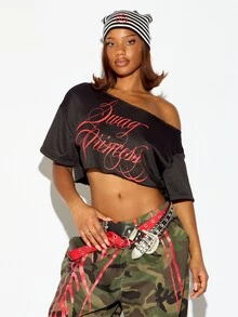 SUMWON WOMEN Swag Princess Script Print Cold Shoulder Boxy Crop T-Shirt Graphic Statement Top - Black - View 4