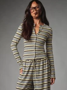 MISSGUIDED Setelan Atasan Henley Lengan Panjang Berkancing Depan dan Celana Panjang Lebar dengan Tali Serut, Terbuat dari Bahan Rajut Jersey Bergaris-garis. - Grey - View 1