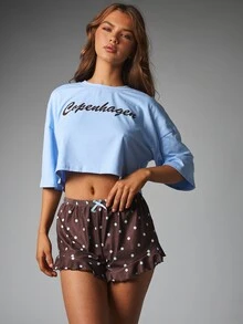 MISSGUIDED Copenhagen Script Chest Print Oversized Crop Tee And Polka Dot Ruffle Hem Mini Shorts Co-Ord Two Piece Set Summer Festival - Multicolor - View 1